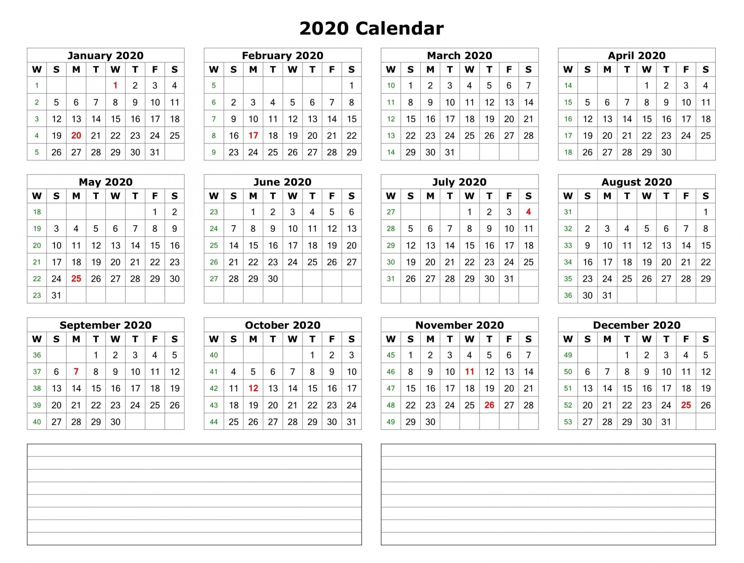 Year Calendar On One Page 2020