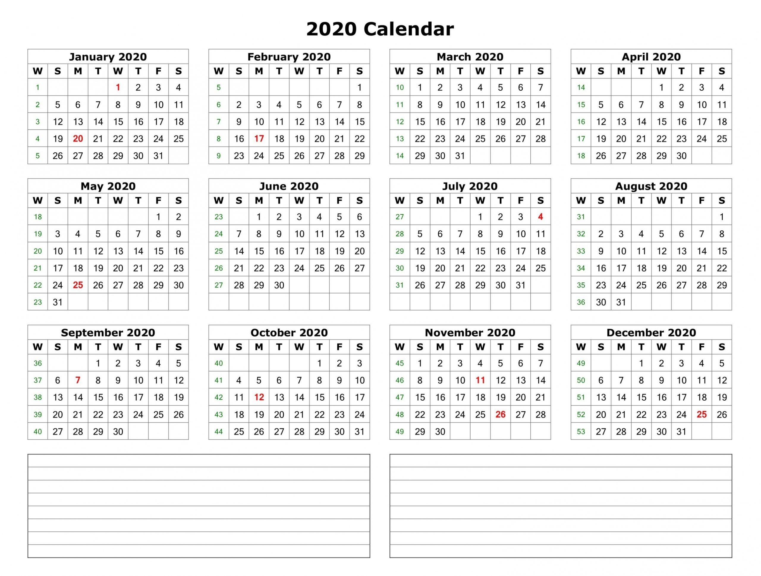 Year Calendar On One Page 2020 Year Calendar On One Page 2020