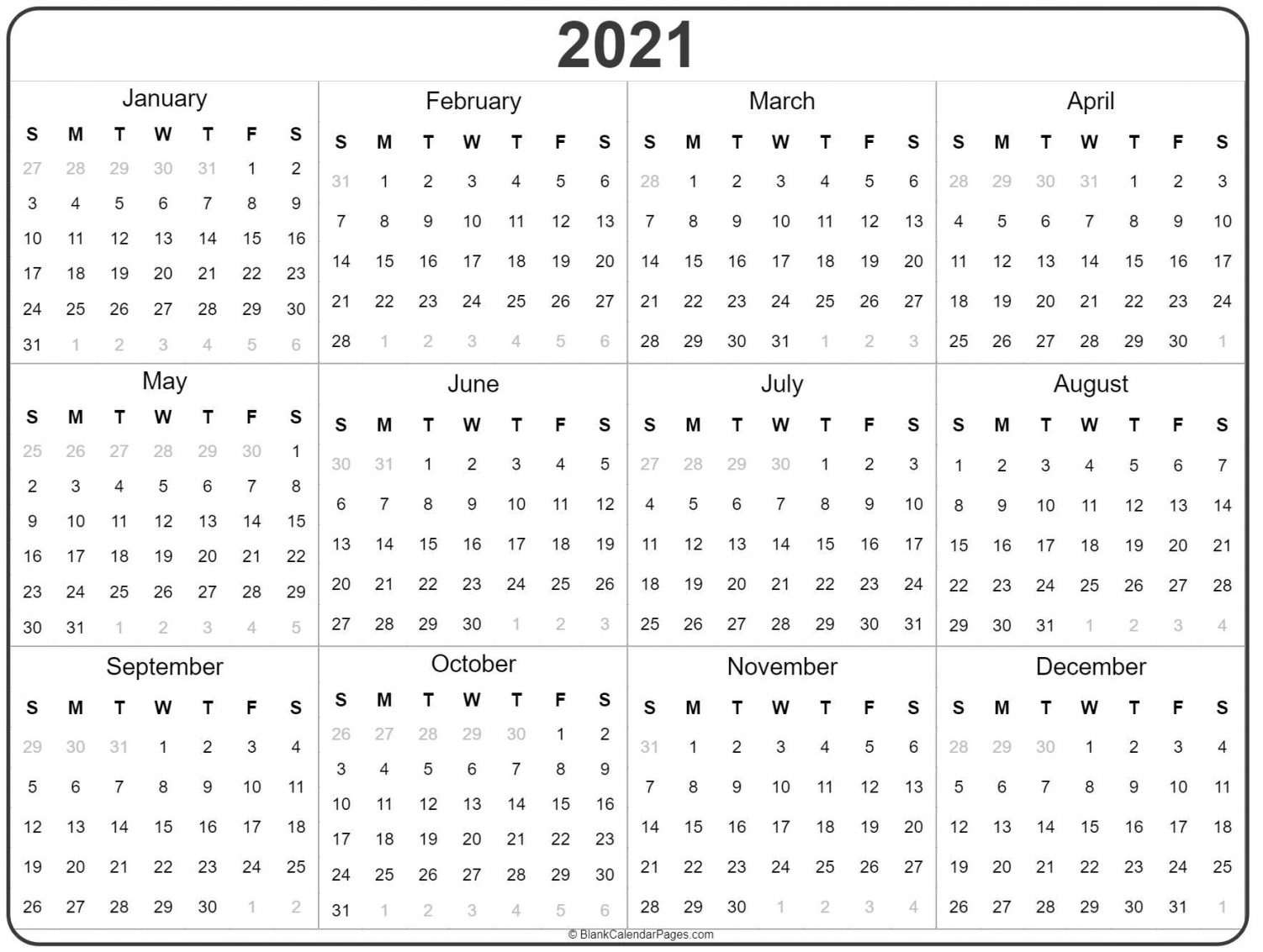 2021 Yearly Calendar Printable 2021 Yearly Calendar Printable