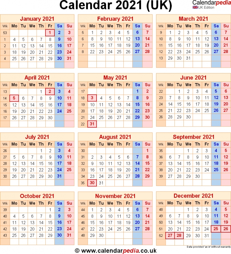 2021 Calendar Printable Uk