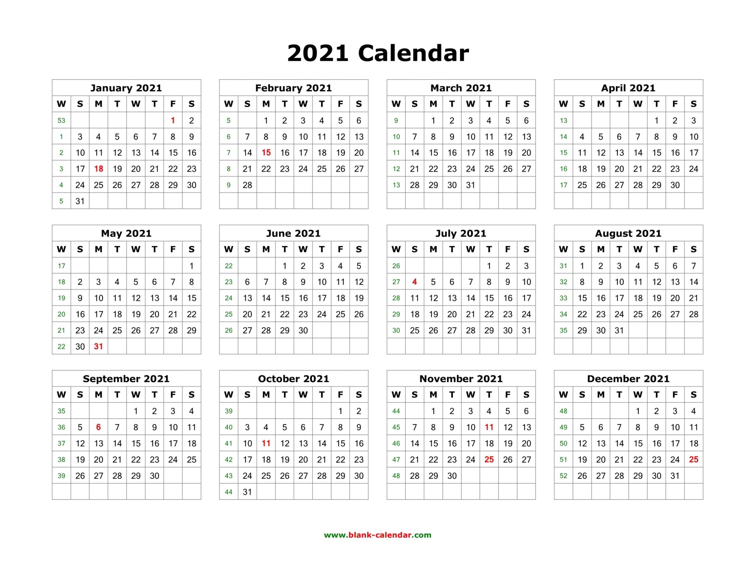 2021 Calendar One Page Template