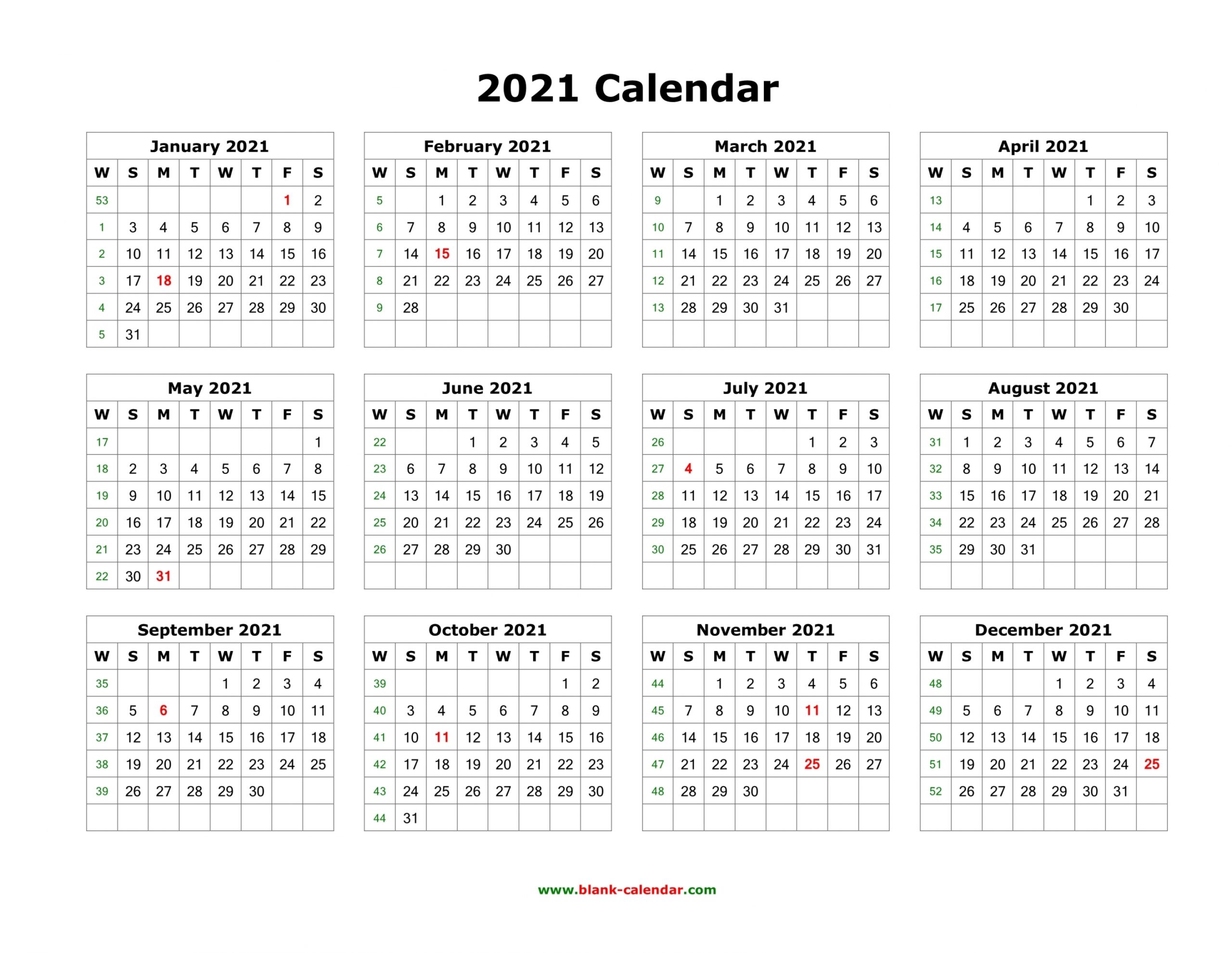2021 Calendar One Page Template 2021 Calendar One Page Template