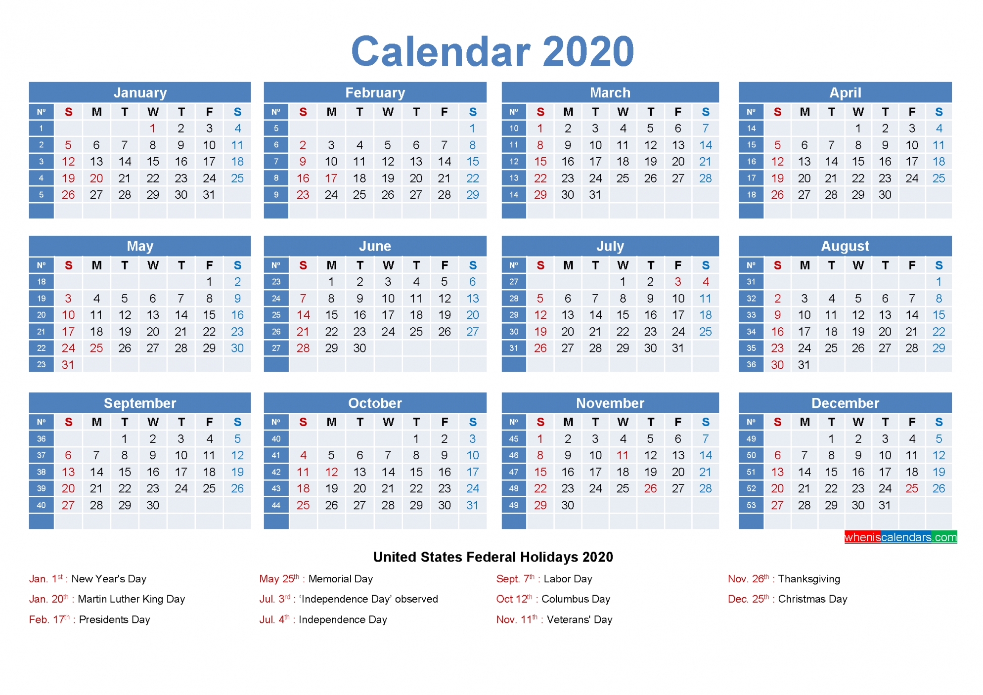 2 Week 2020 Calendar Printable