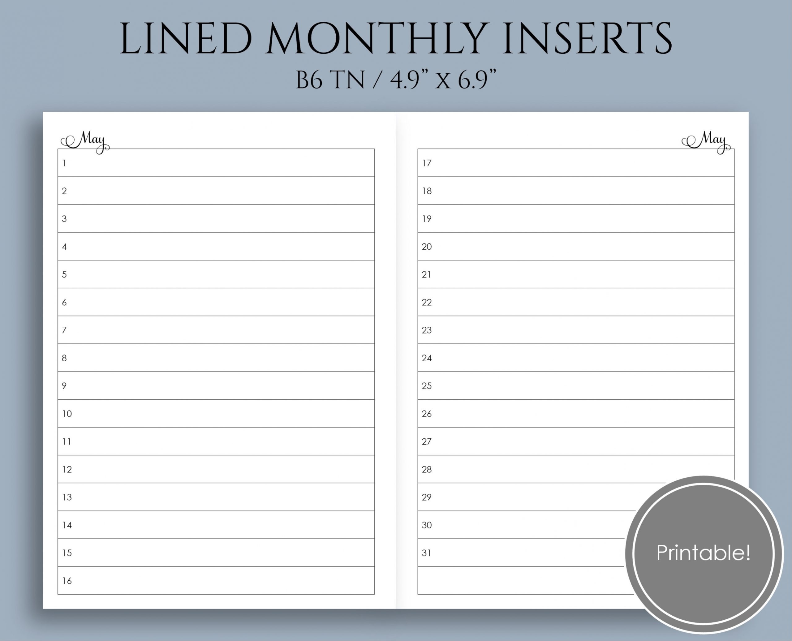 Printable Lined Monthly Calendar