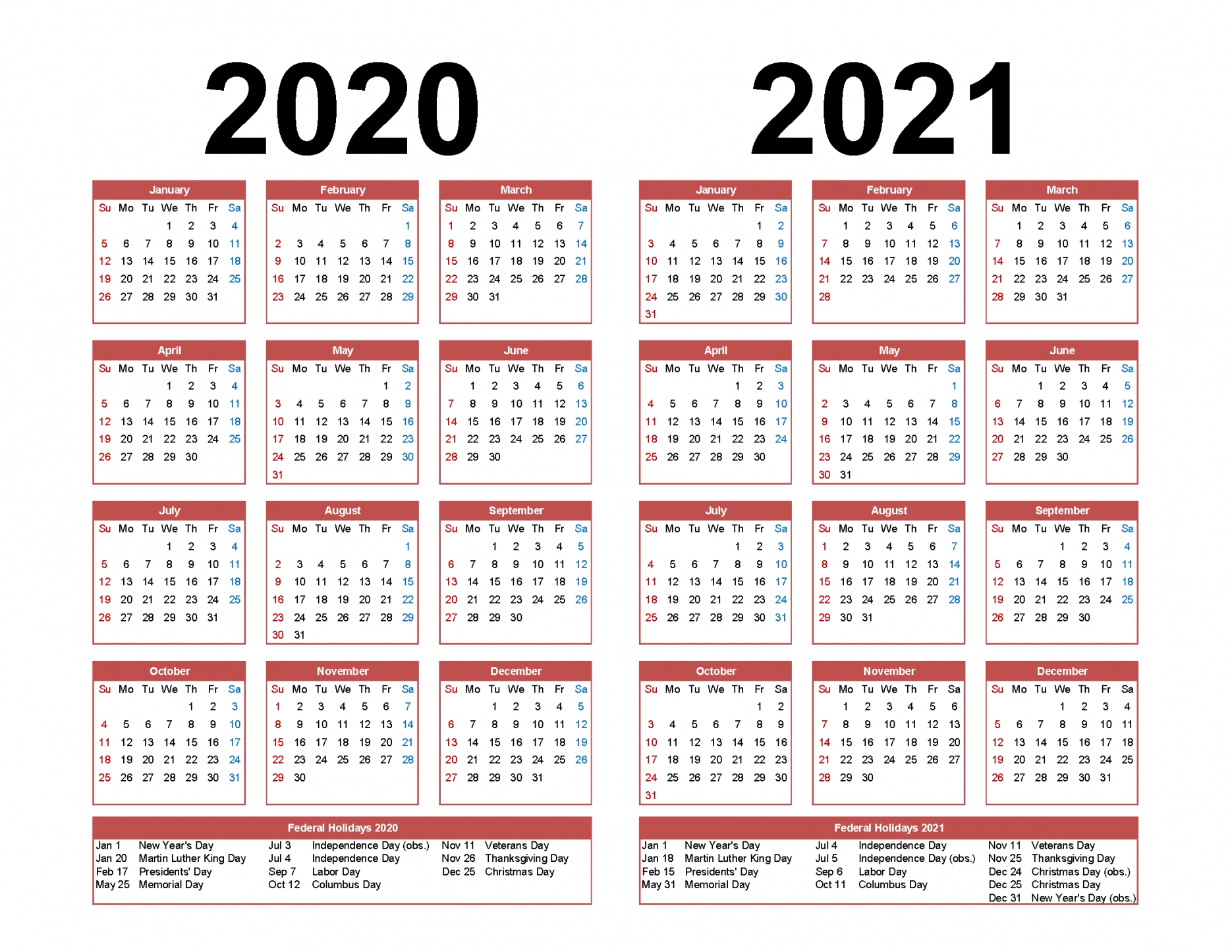 2021 Yearly Calendar Printable