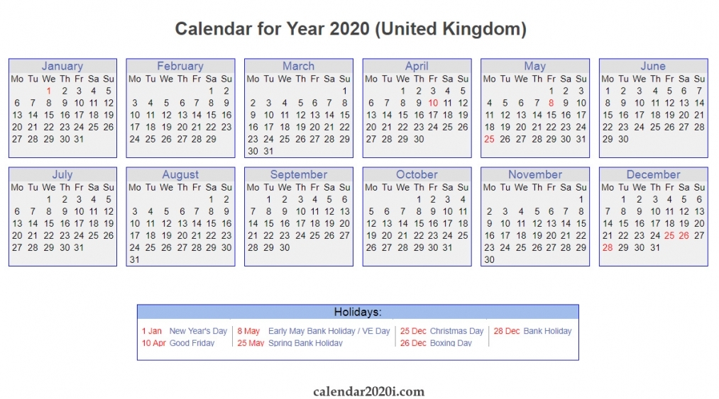 2020 Calendar Uk Printable Pdf