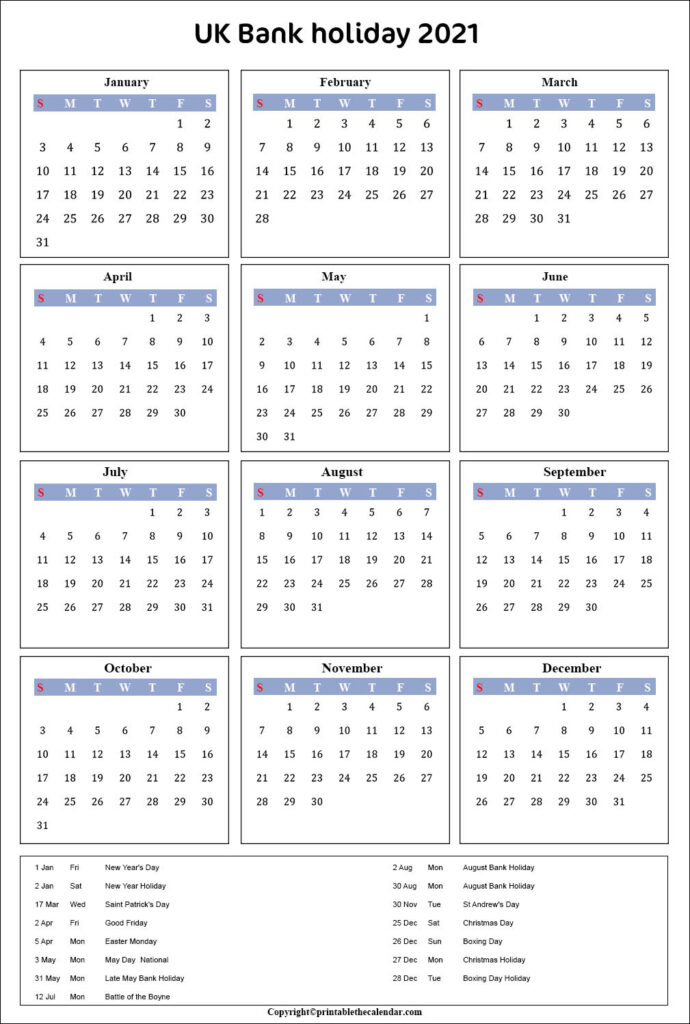 2021 Bank Holidays In Uk / Excel Calendar 2020 Uk 16 ...