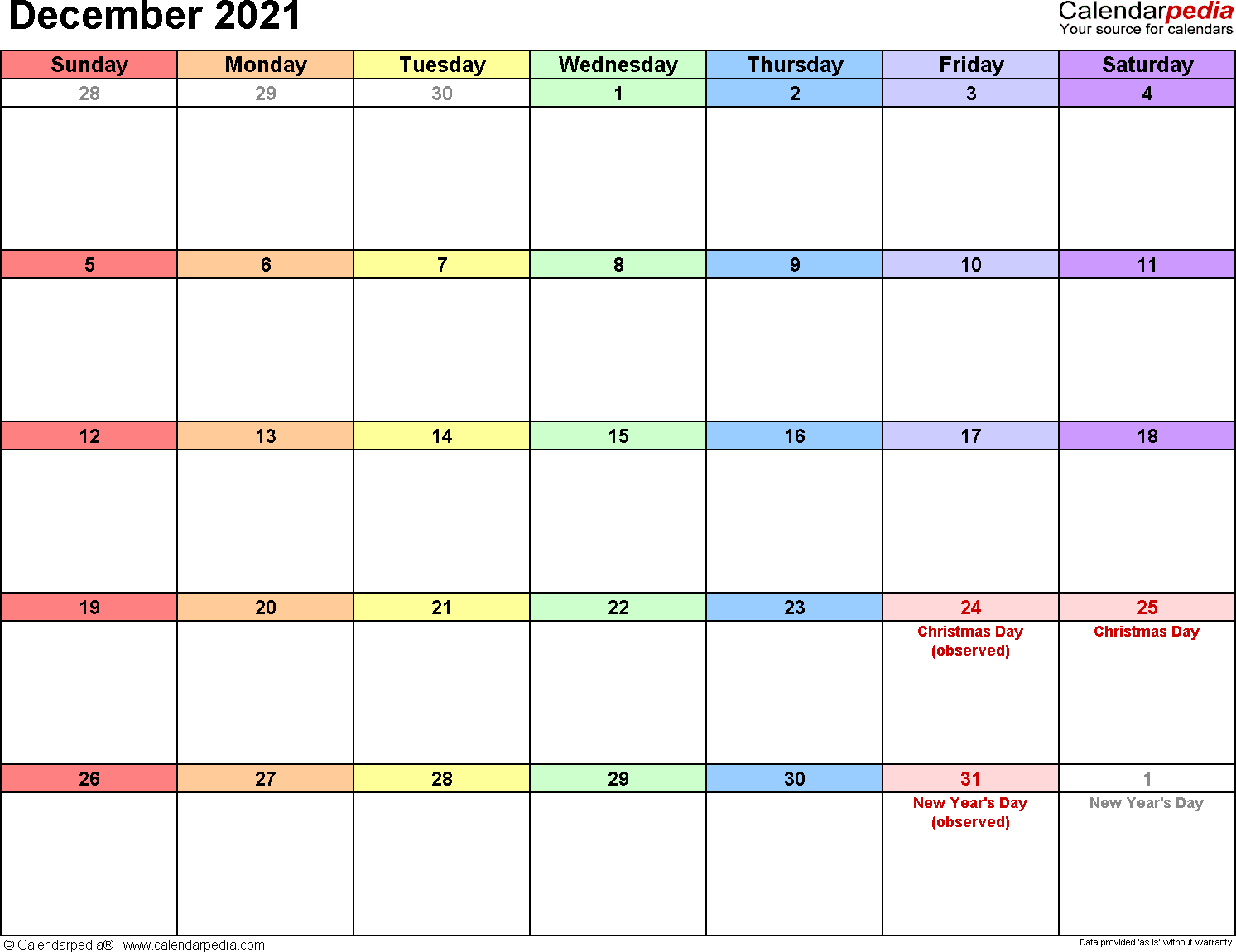 December 2021 Calendars for Word, Excel & PDF