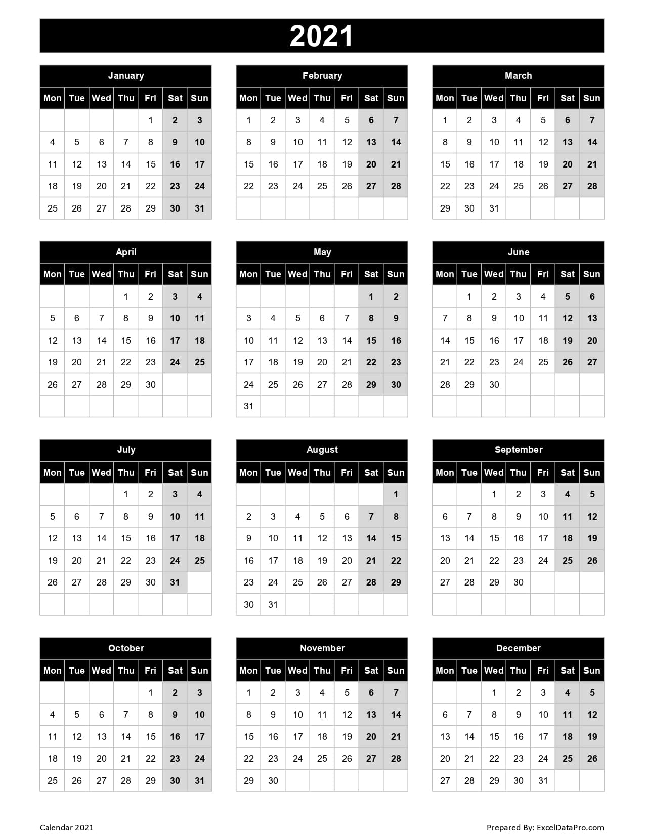 Download 2021 Yearly Calendar (Mon Start) Excel Template ...