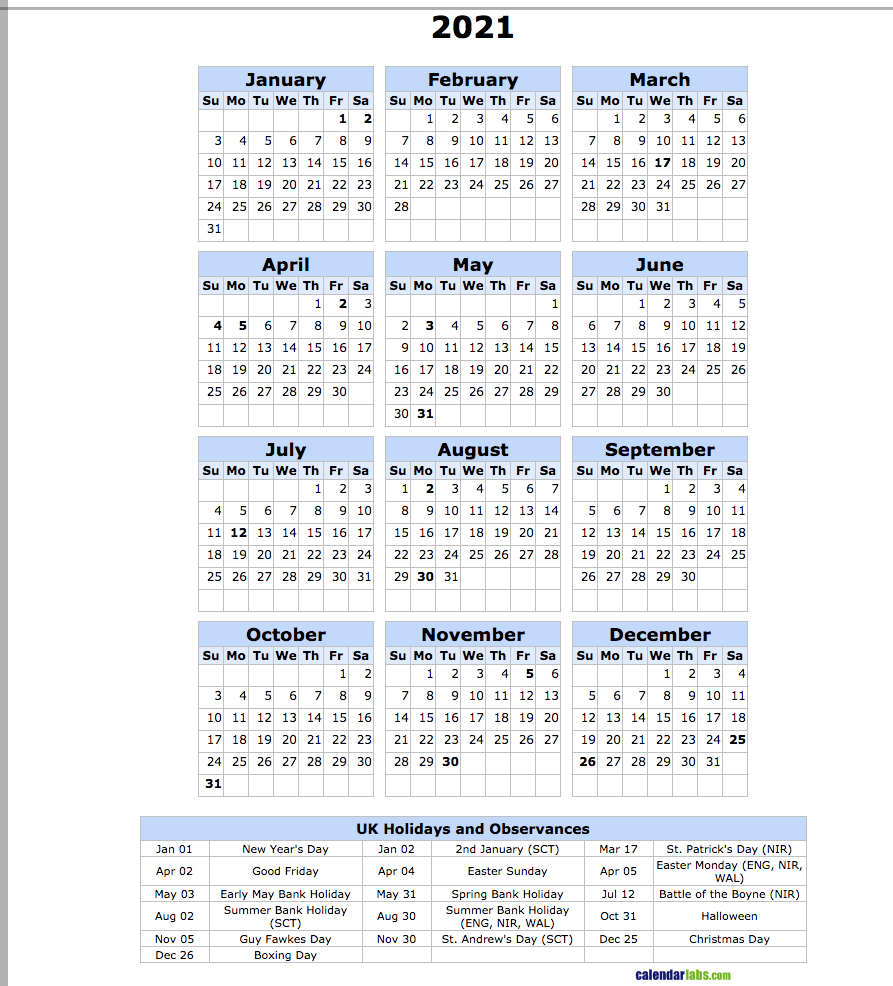 2021 UK Holiday Calendar - United Kingdom Holidays
