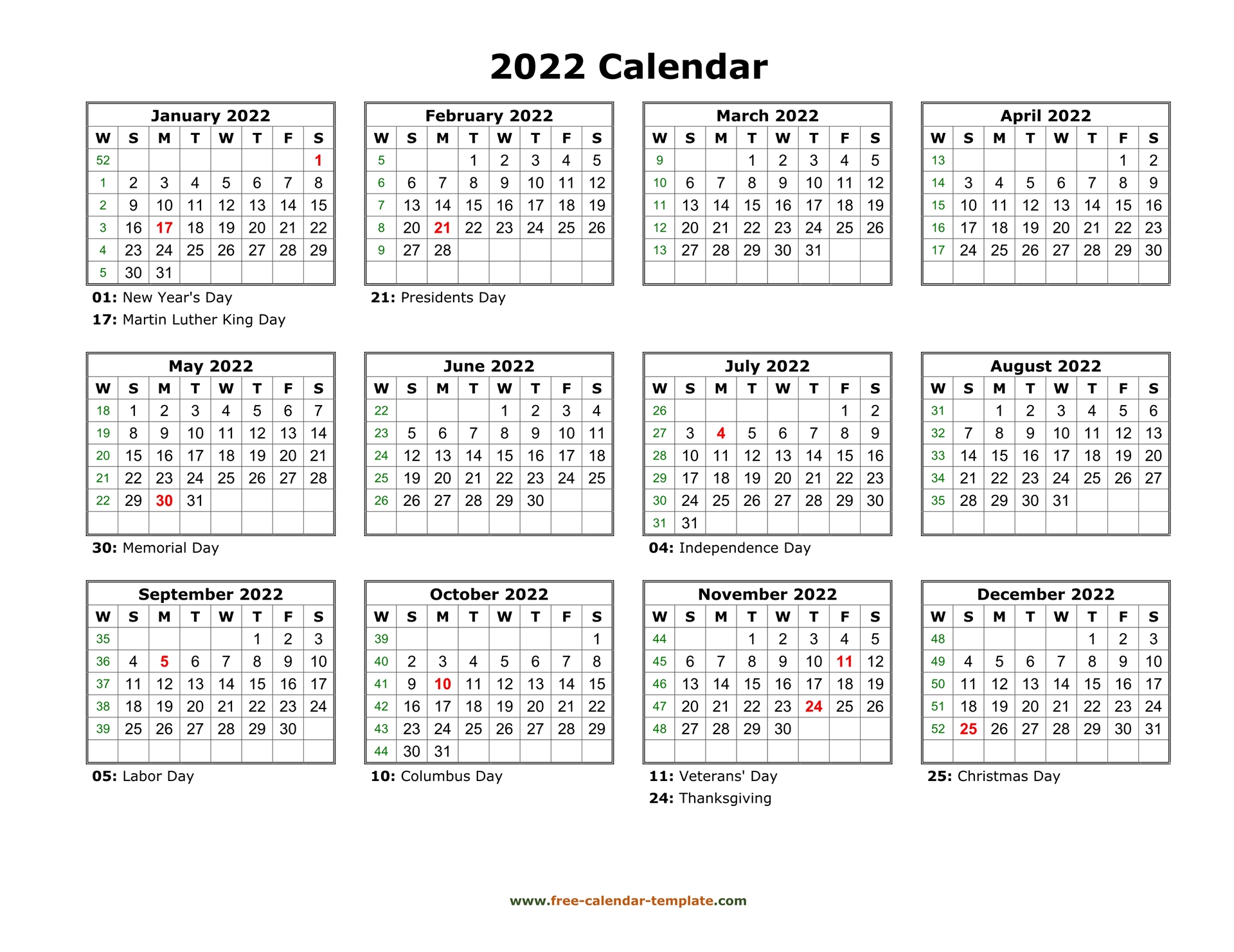 Free Printable Calendar 2022 Free Letter Templates