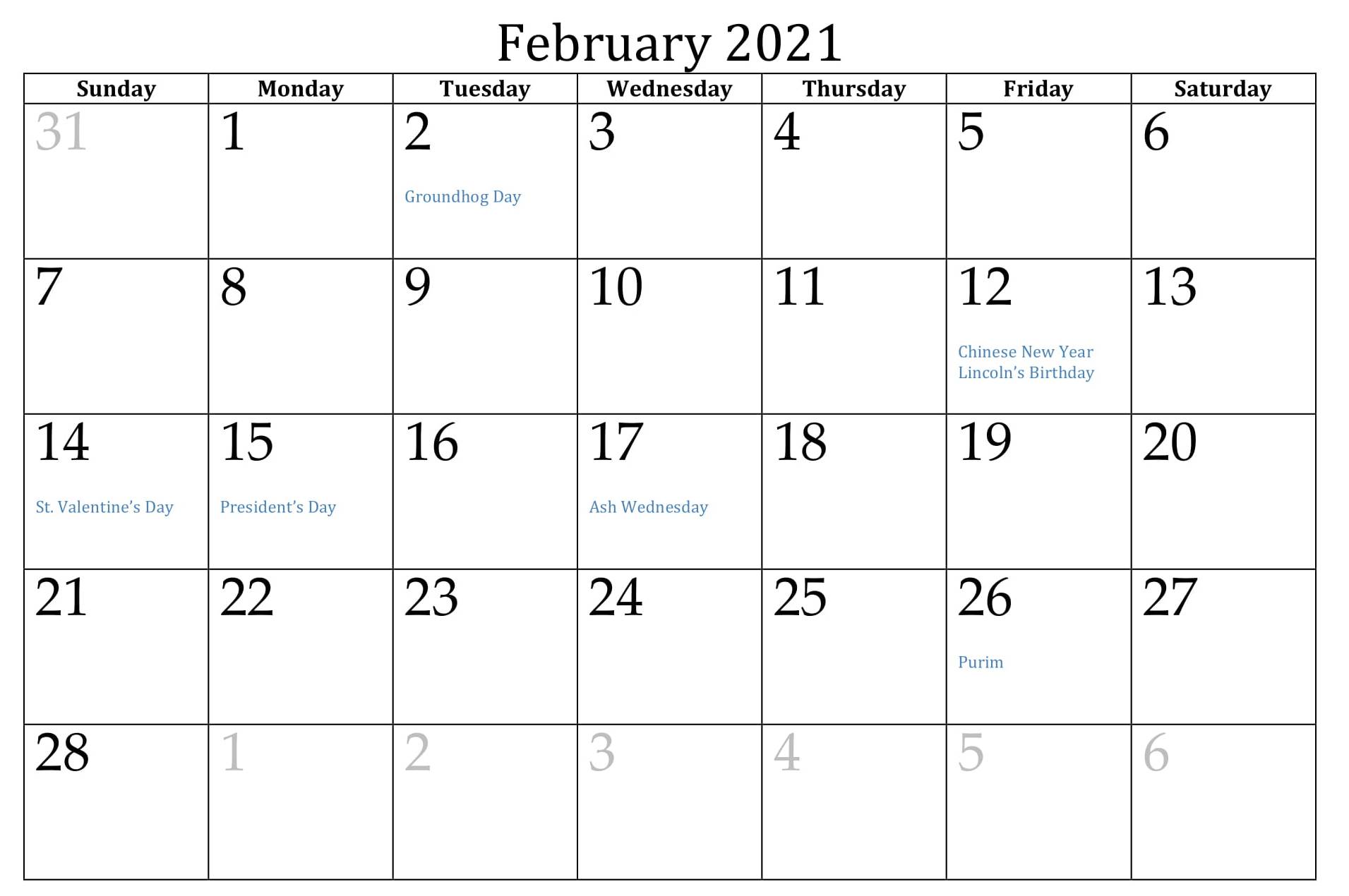 Calendar February 2021 Printable PDF Holidays Template ...