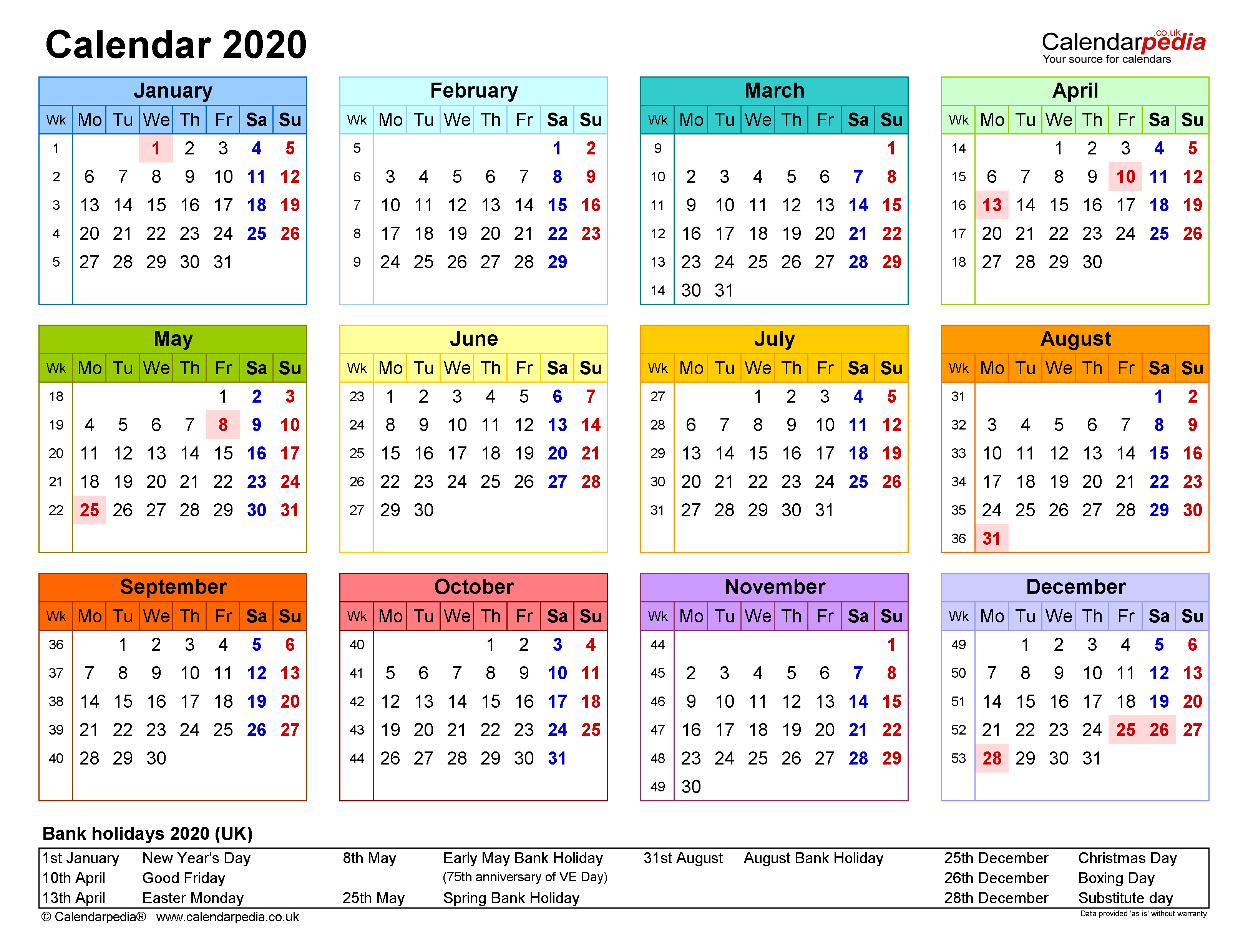 Calendar 2020 (UK) - free printable PDF templates