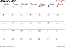 Calendar January 2021 UK, Bank Holidays, Excel/PDF/Word ...