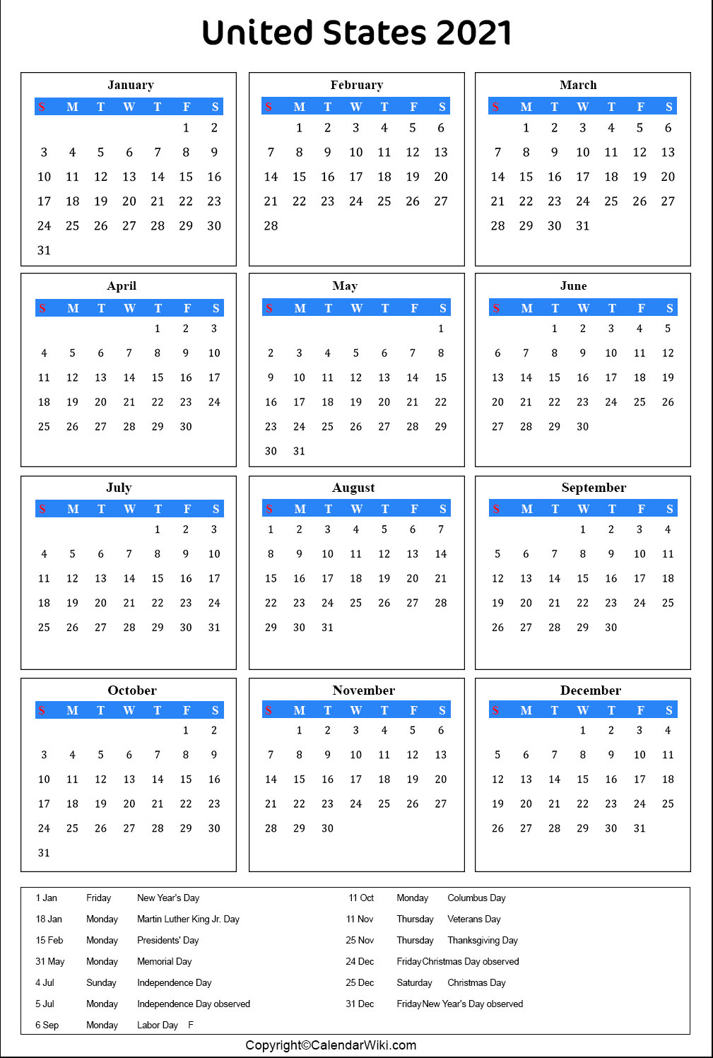 Printable Us Calendar 2021 with Holidays Public Holidays