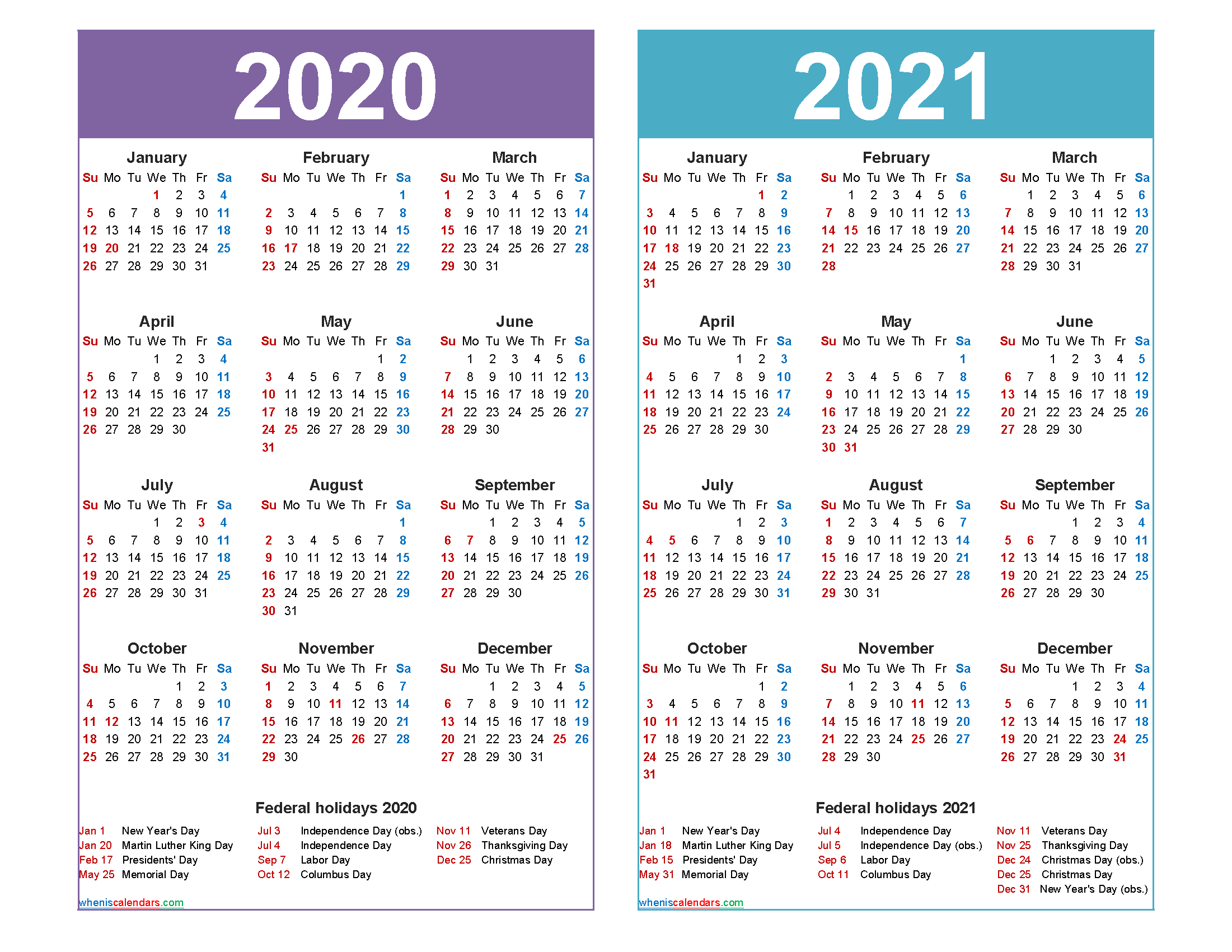 2020 2021 Calendar Printable with Holidays - Free ...