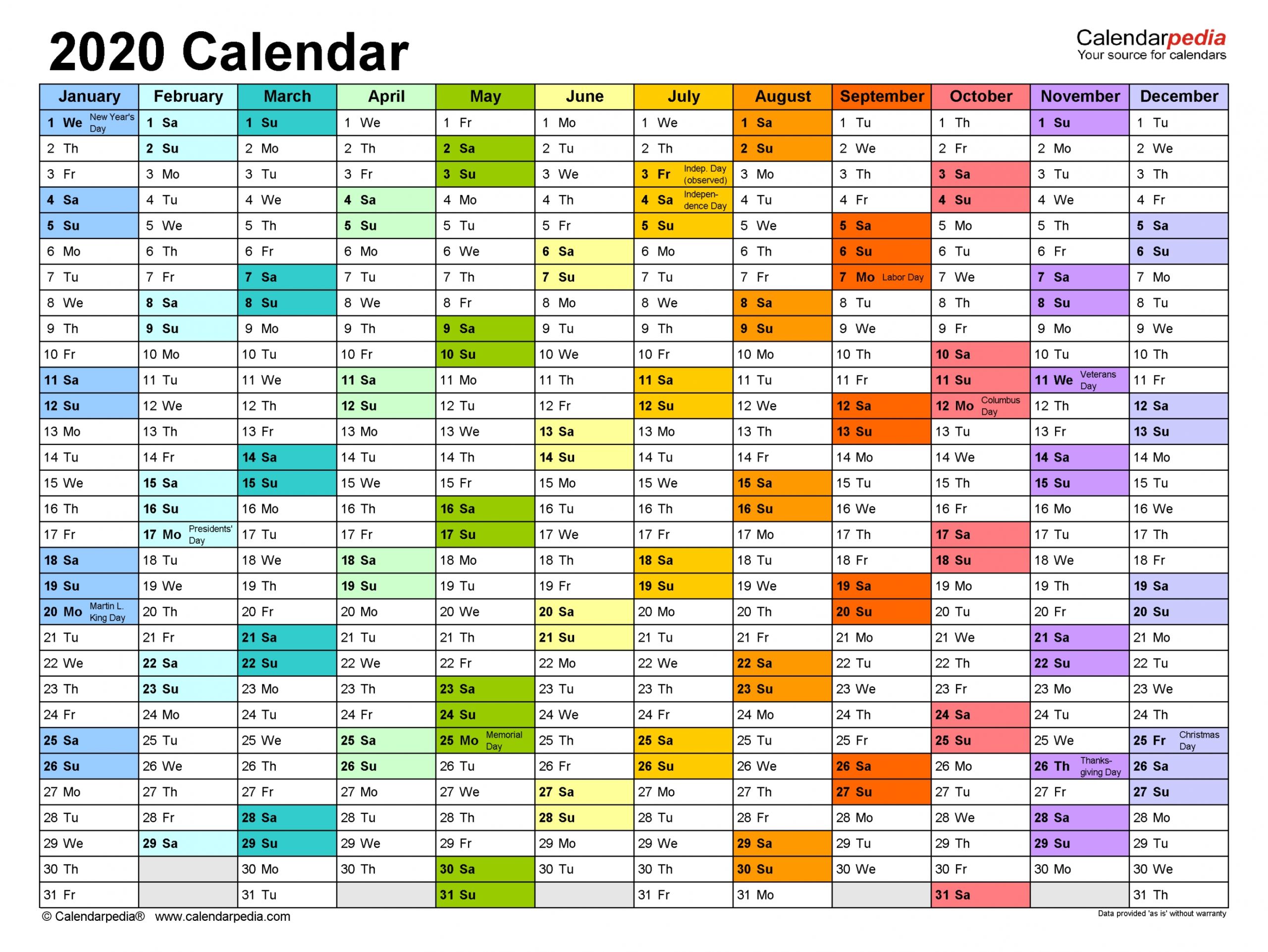 2020 Printable Calander In Excel