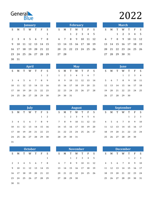 2022 Calendar (PDF, Word, Excel)