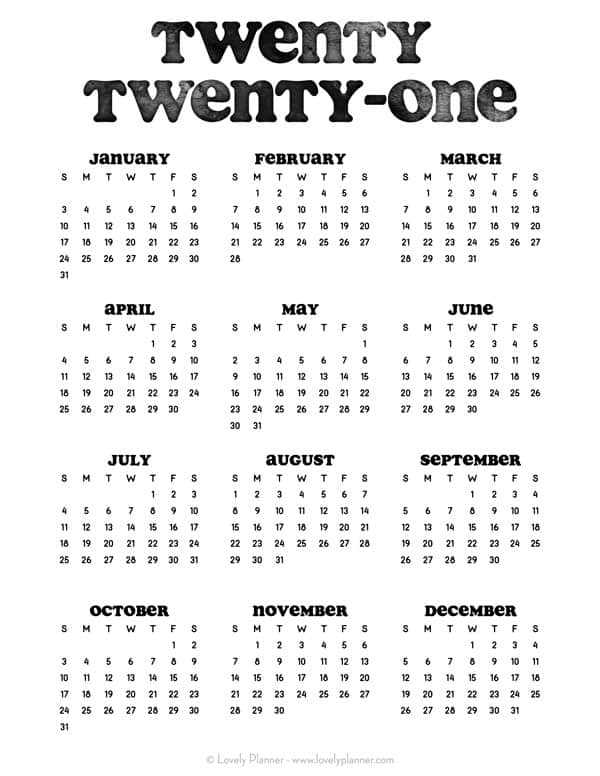 24 Pretty (& Free) Printable One Page Calendars for 2021 ...