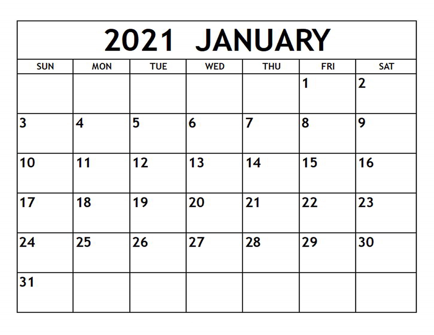 Printable January 2021 Calendar Template | Zudocalendrio