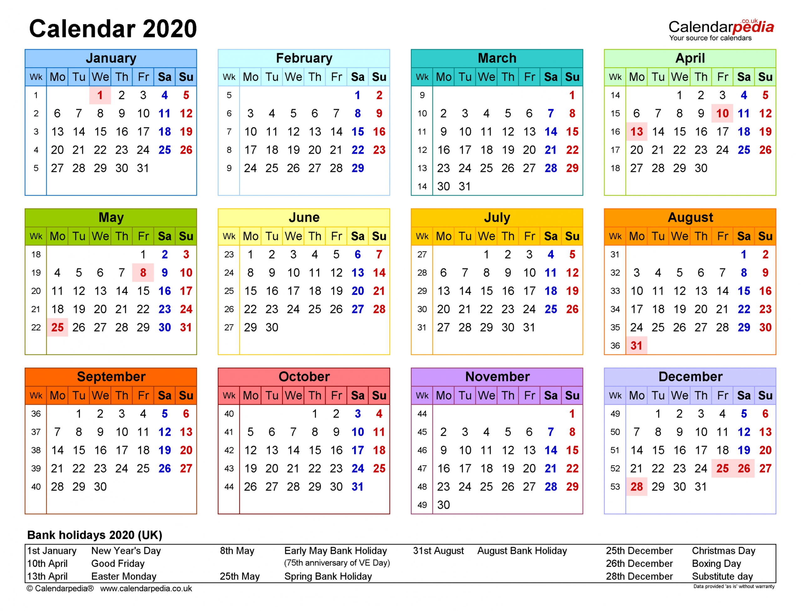 Monthly Calendar 2020 Printable Uk