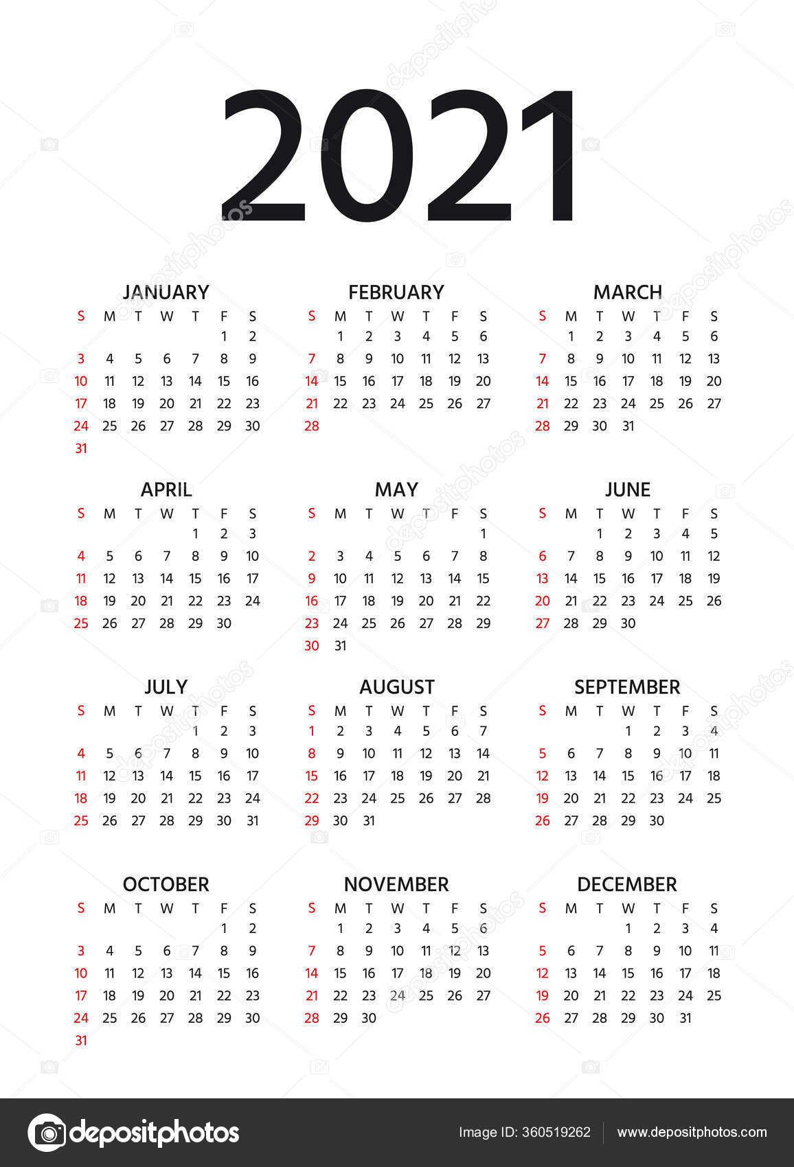 Calendar 2021 Year Vector Week Starts Sunday Pocket ...