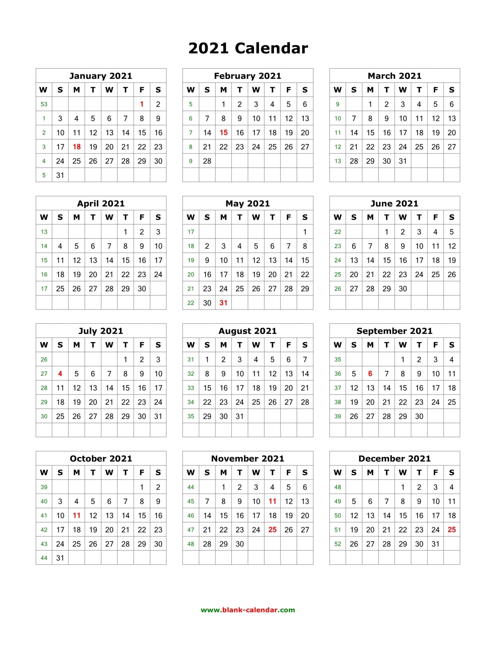 One Page Calendar 2021 Free Letter Templates