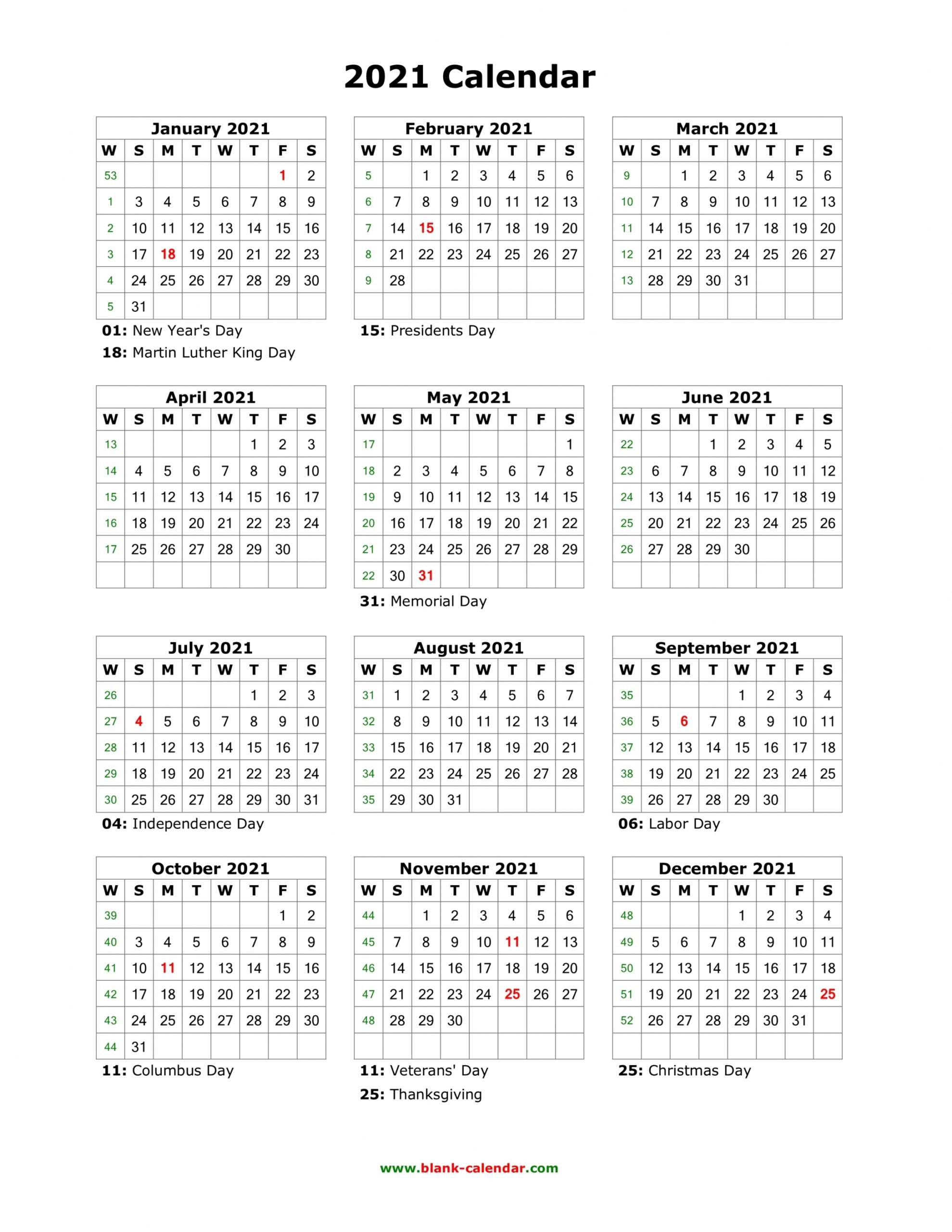 One Page Calendar 2021