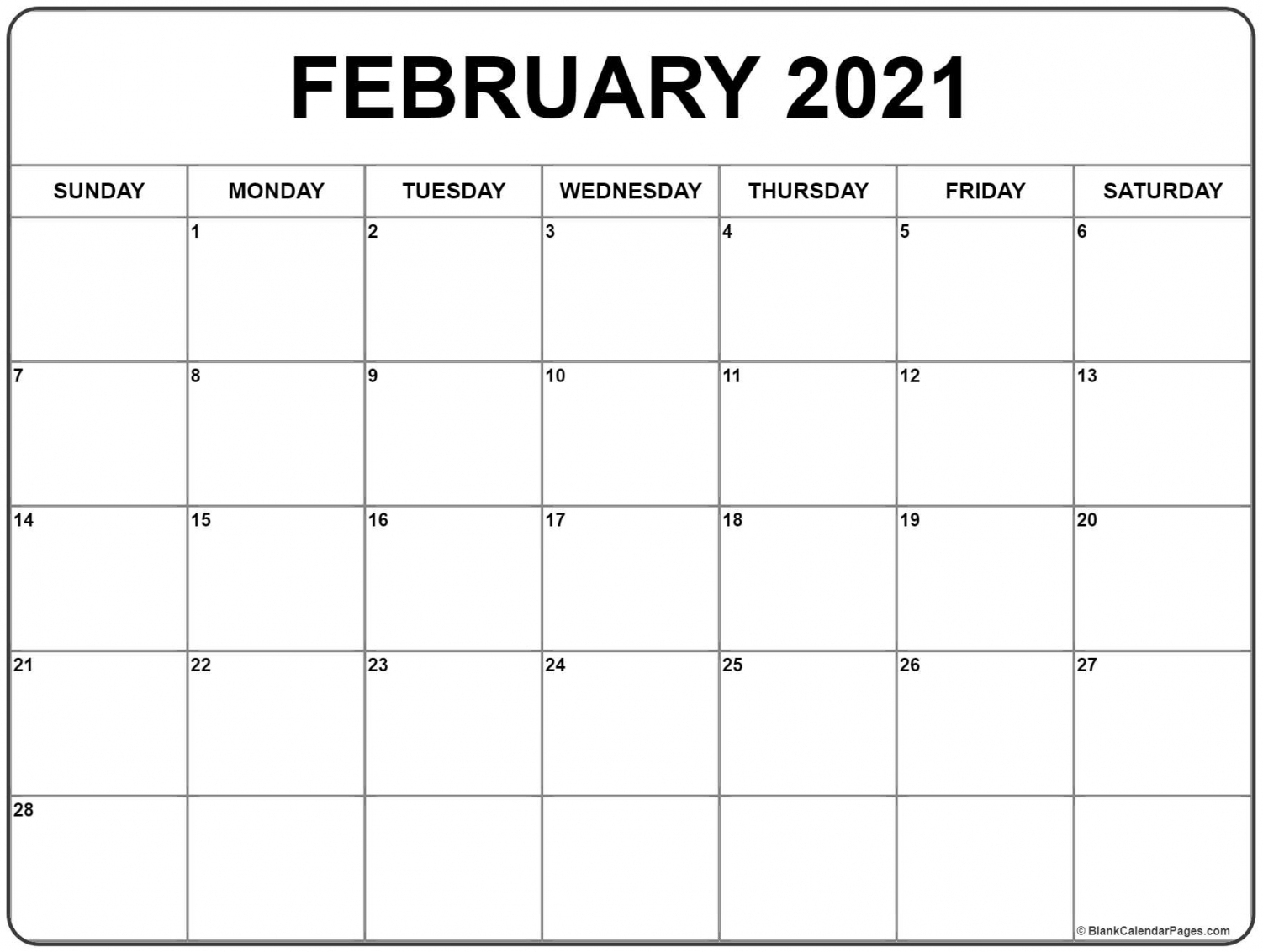 Printable Calendar 2021 Feb Template