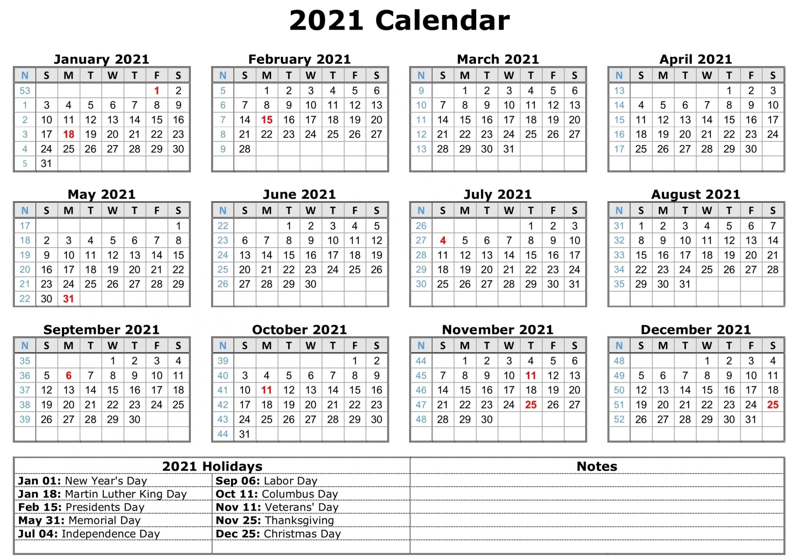 2021 Monthly Calendar With Holidays