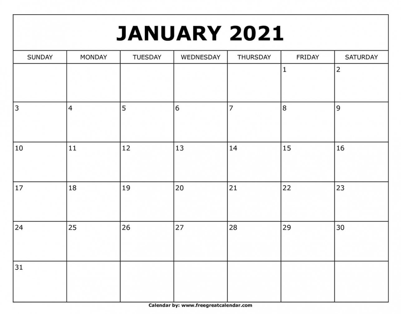 January 2021 Calendar Printable January 2021 Calendar Printable