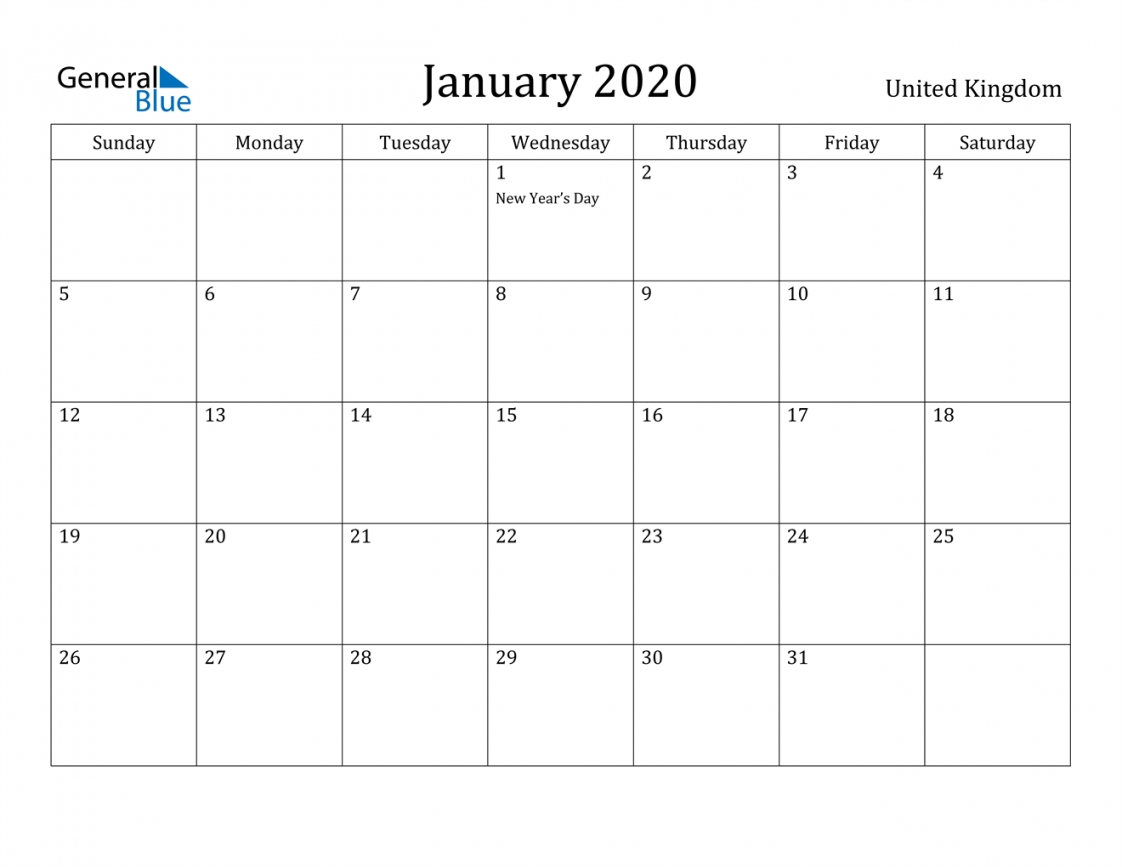 Monthly Calendar 2020 Printable Uk