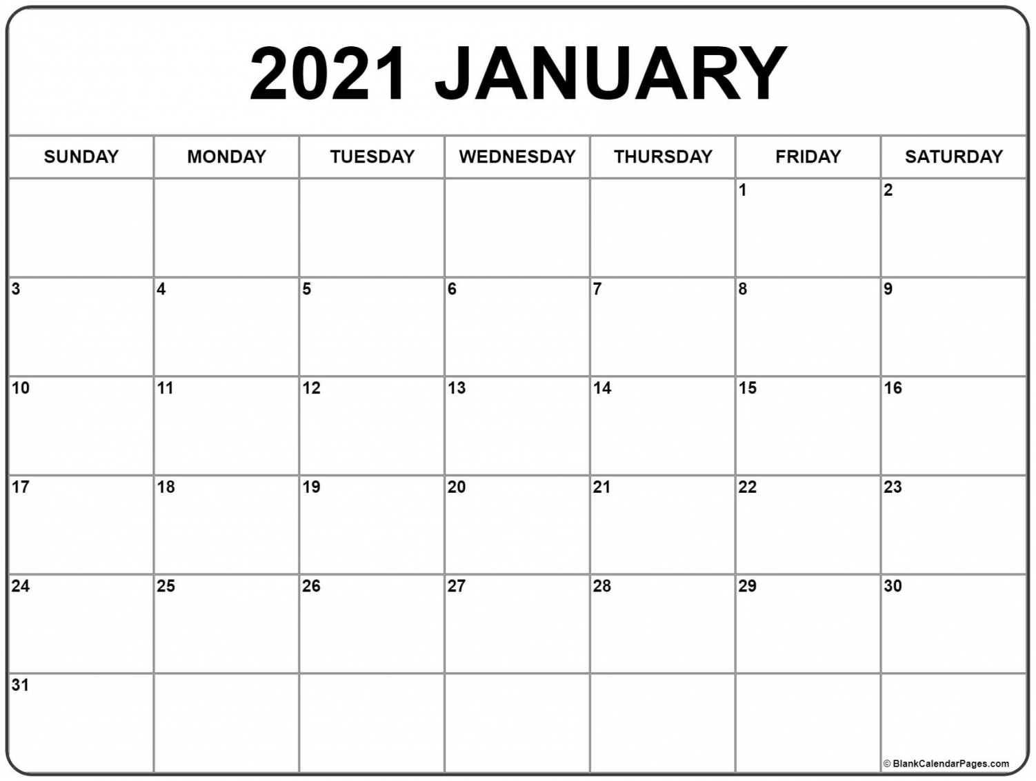 Blank Jan 2021 Calendar Template