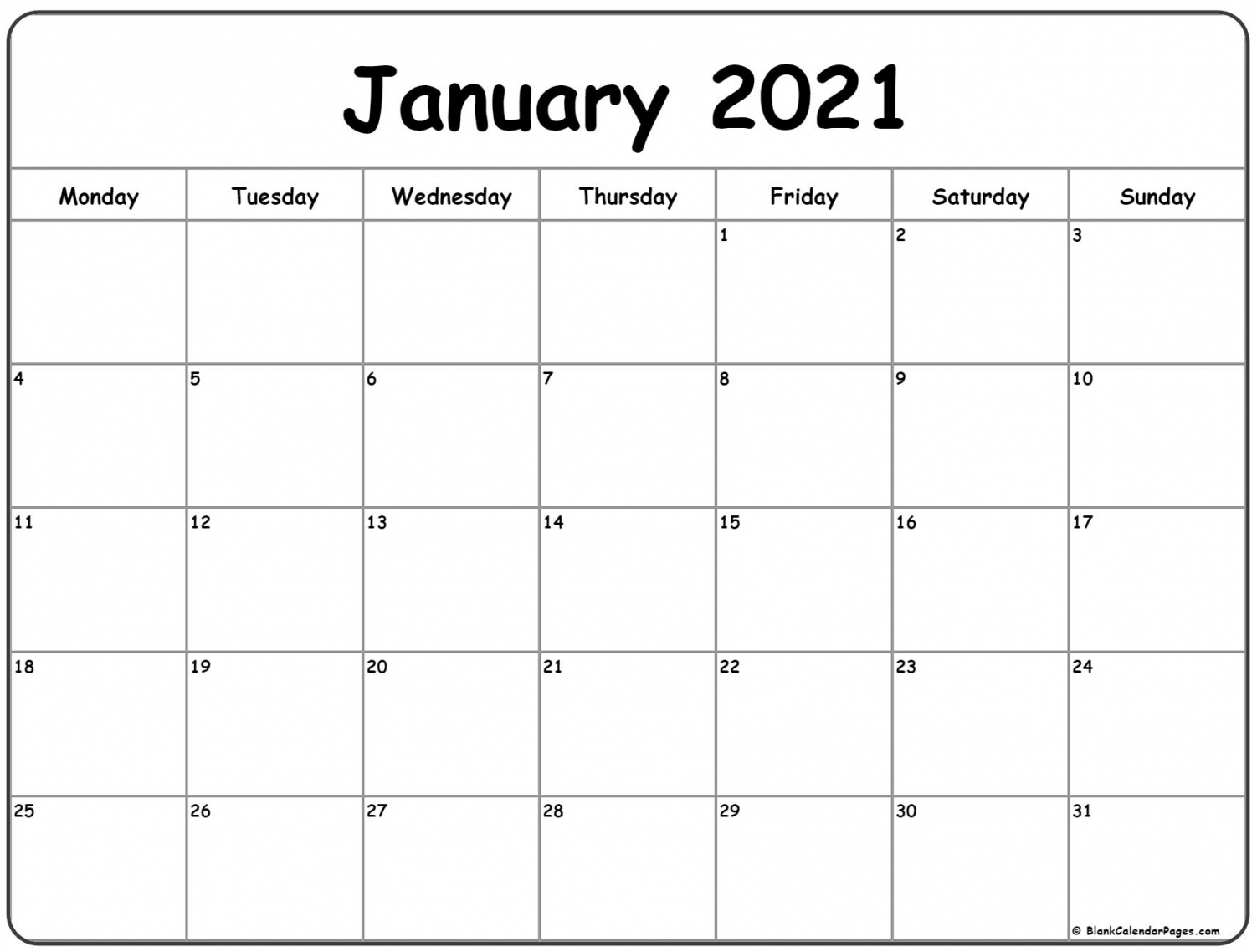 January 2021 Calendar Page January 2021 Calendar Page
