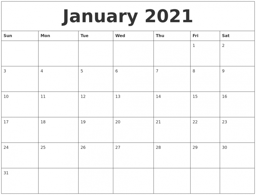 January 2021 Calendar Page