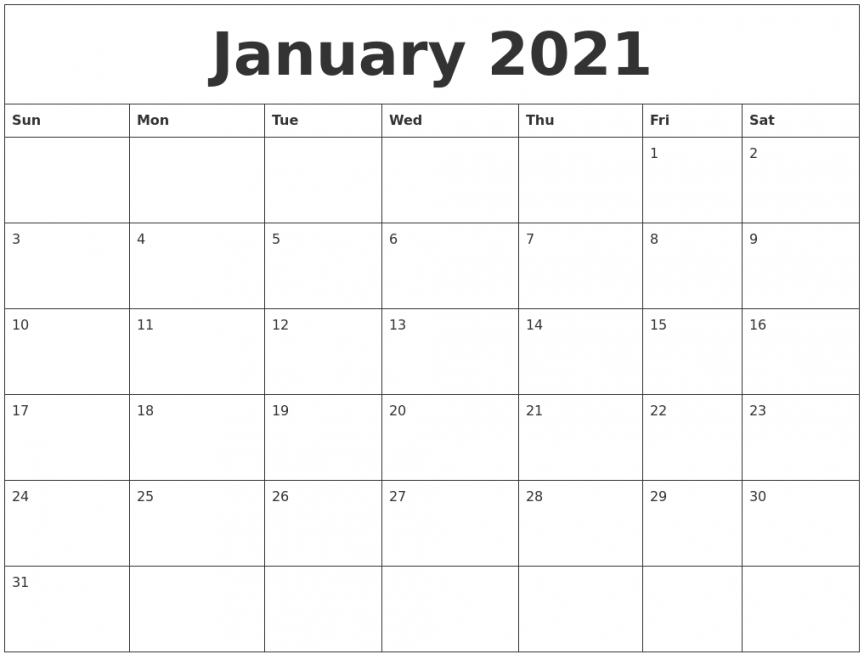 January 2021 Calendar Page January 2021 Calendar Page