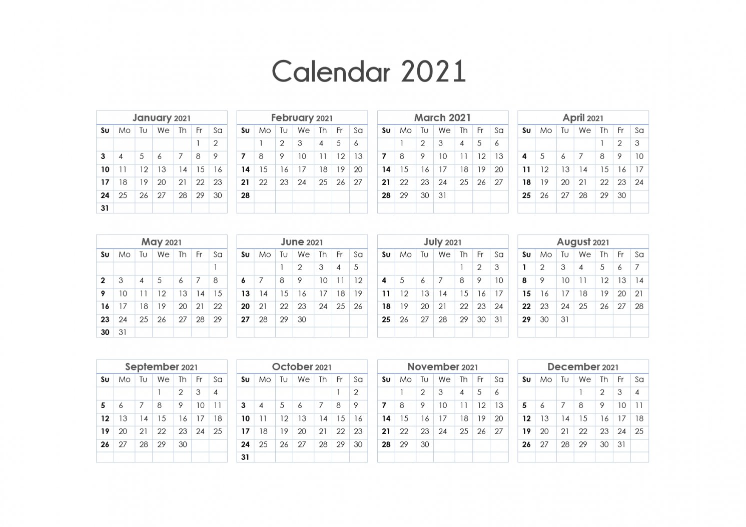 One Page Calendar 2021