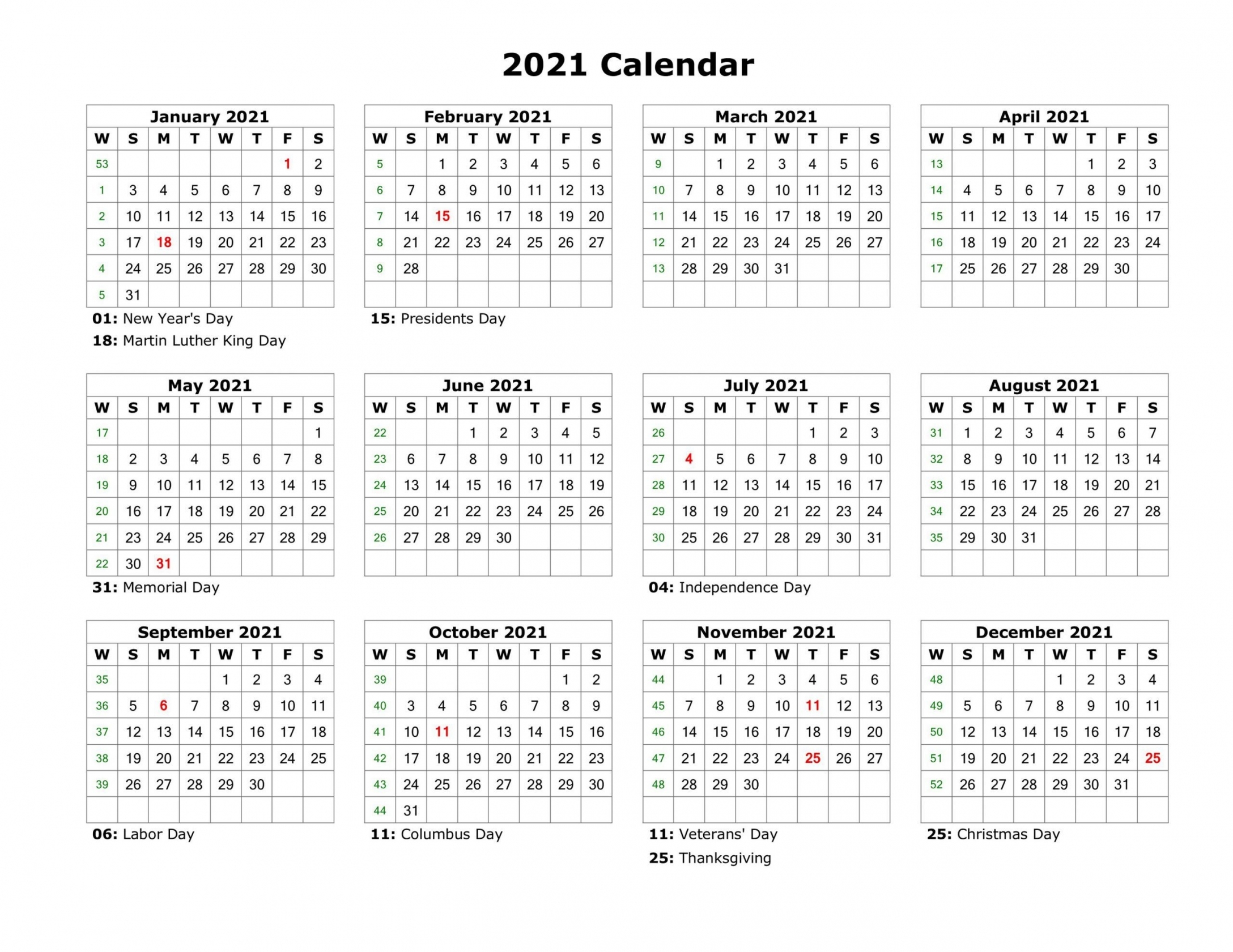 2021 Calendar Printable One Page Free Letter Templates Images