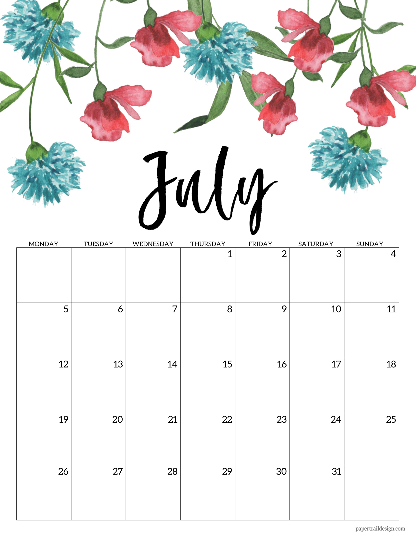 Free Printable 2021 Floral Calendar - Monday Start | Paper ...