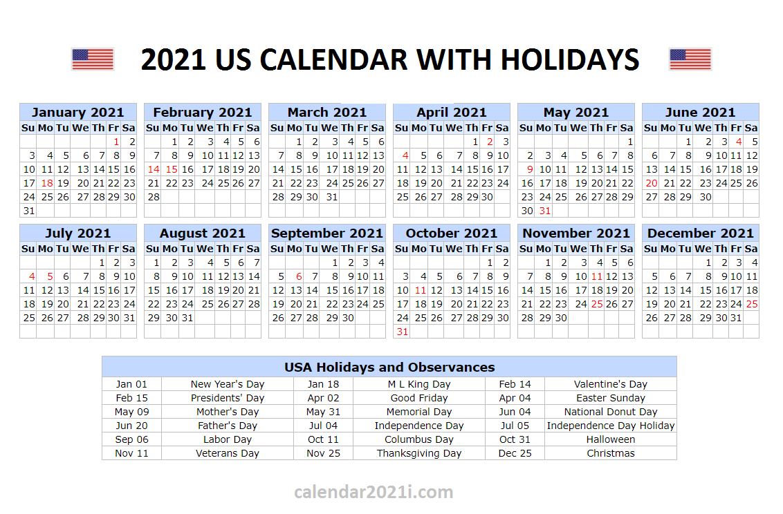 US 2021 Calendar With Holidays | United States Printable ...