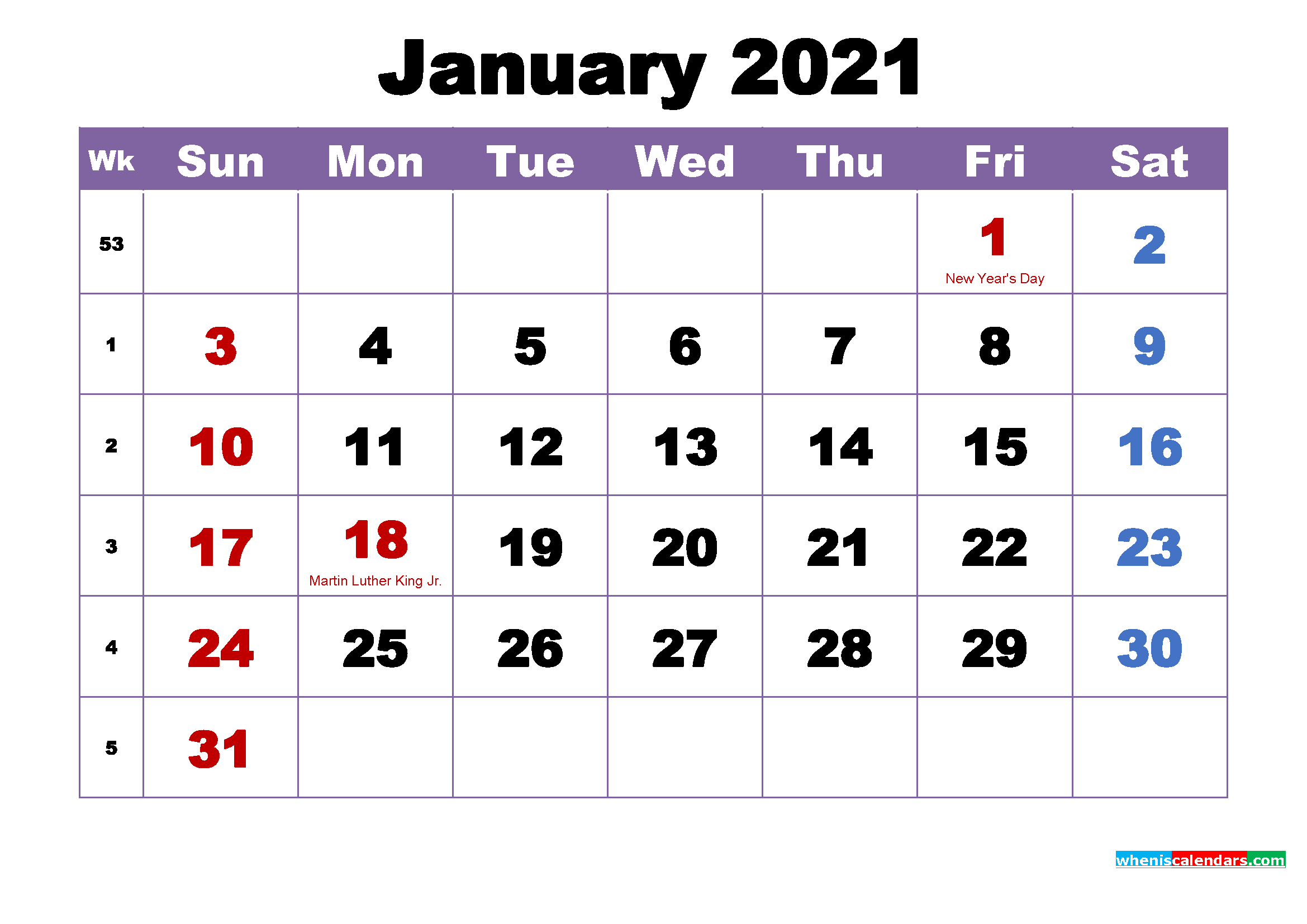 January 2021 Printable Calendar with Holidays Word, PDF ...