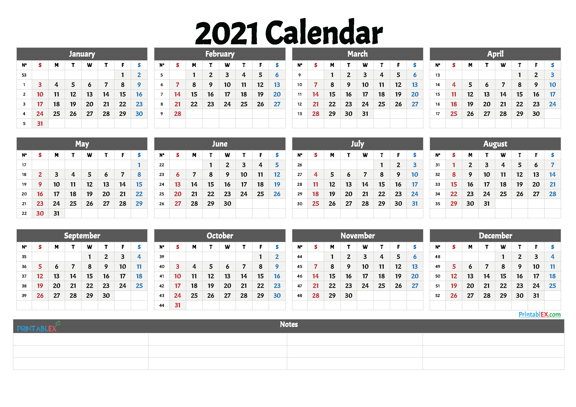2021 Printable Calendar With Week Numbers | Free Printable ...