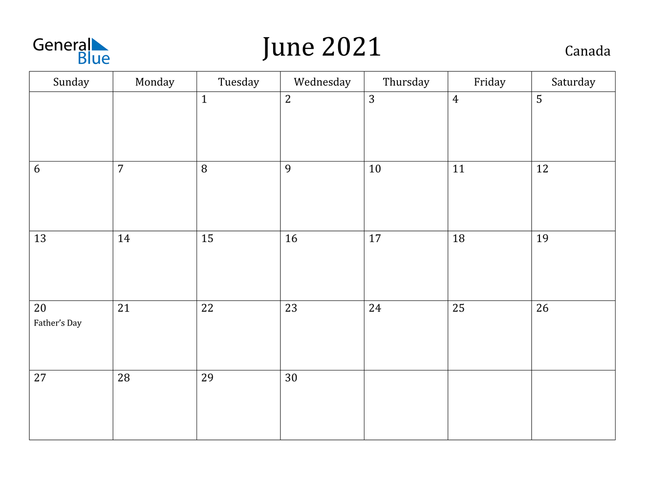 June 2021 Calendar - Canada