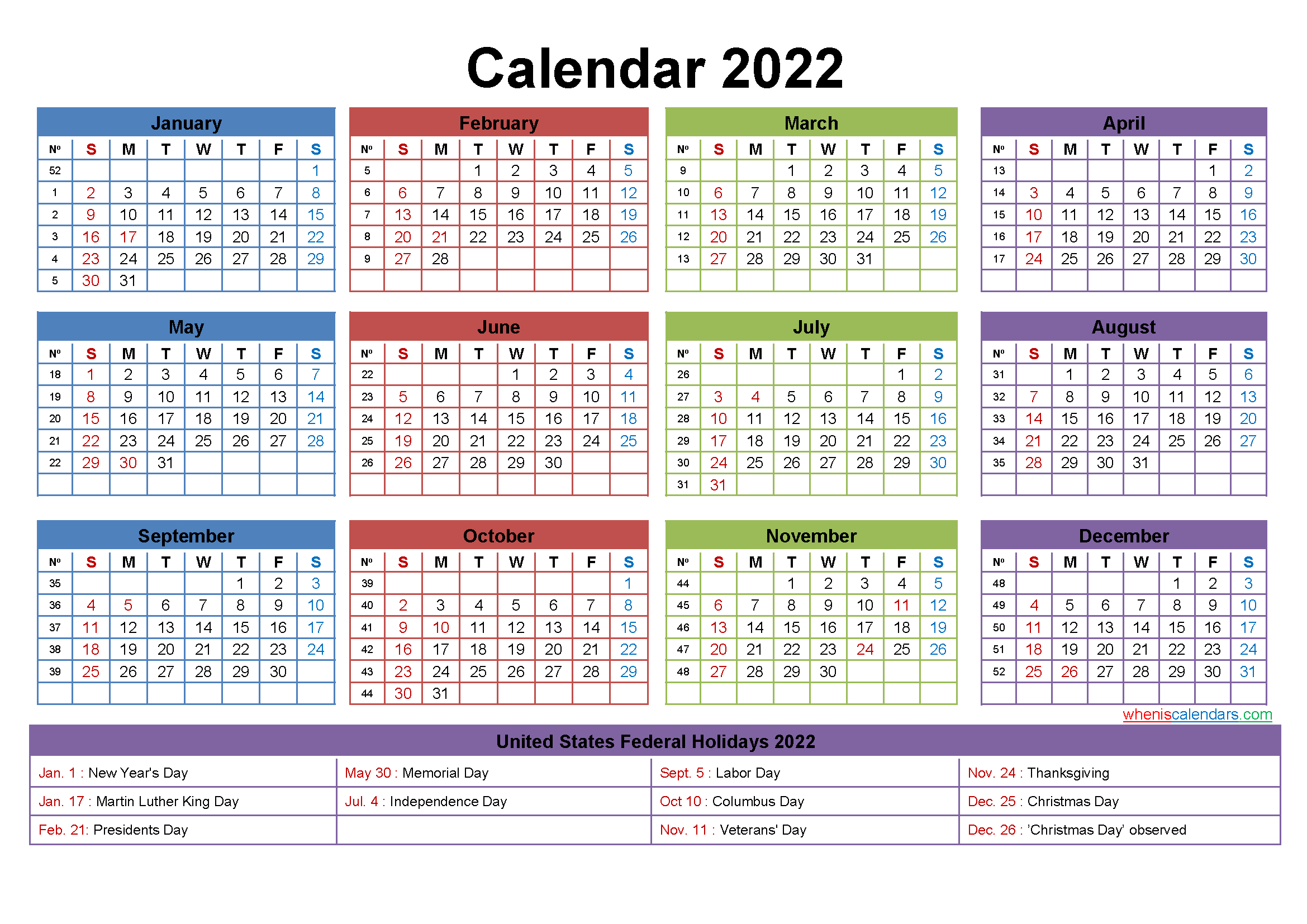 Printable 2022 Yearly Calendar With Holidays. 