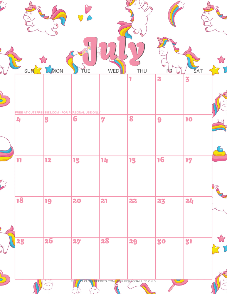 JULY-2021-CALENDAR-PRINTABLE-UNICORNS - Cute Freebies For You