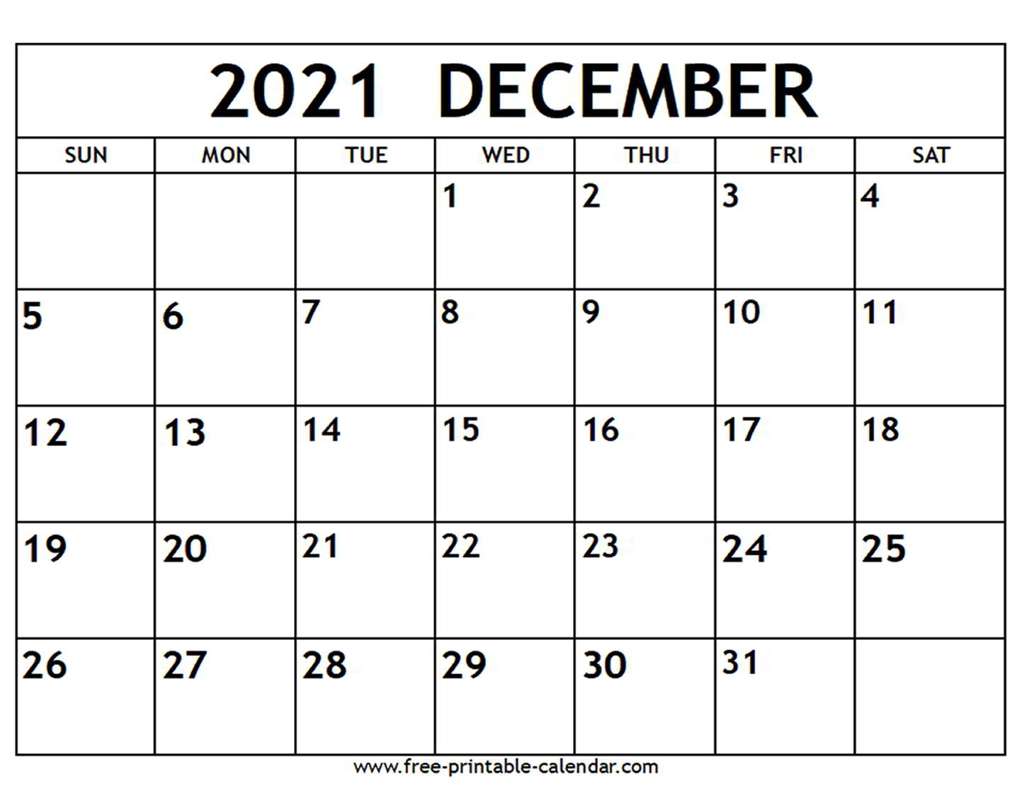 December 2021 Calendar - Free-printable-calendar.com