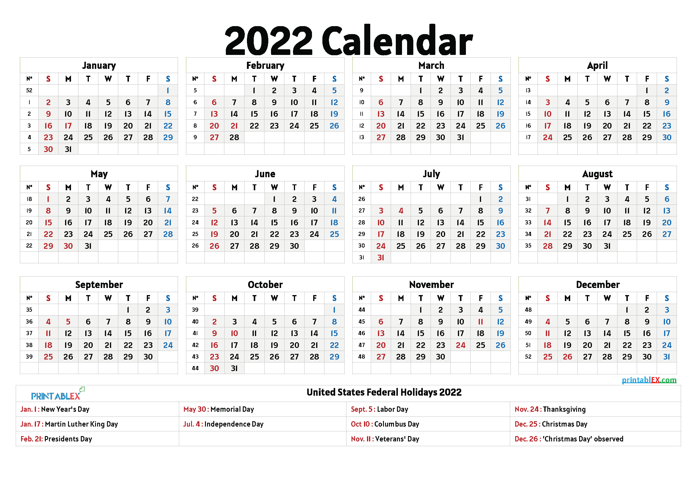 2022 Printable Calendar With Holidays Free Letter Templates