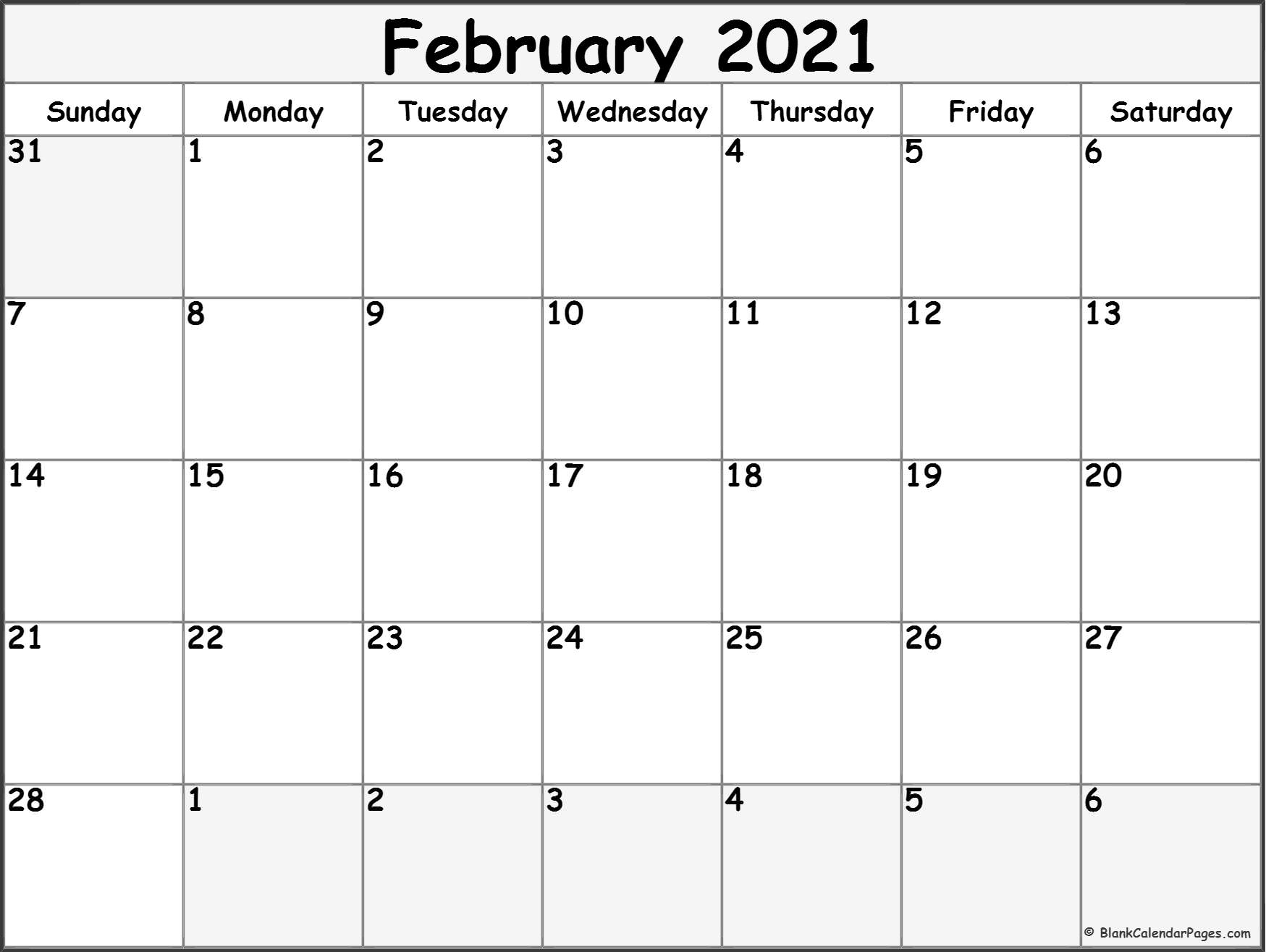 February 2021 blank calendar templates.