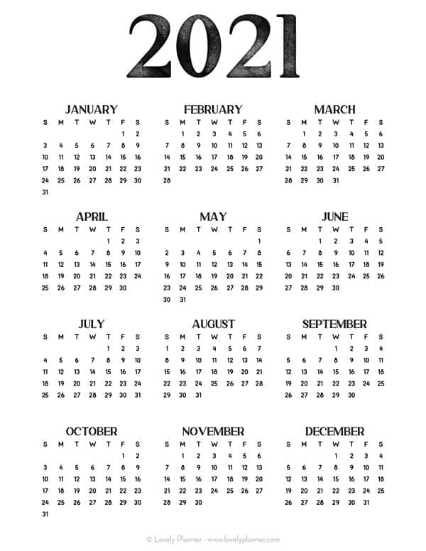 24 Pretty (& Free) Printable One Page Calendars for 2021 ...