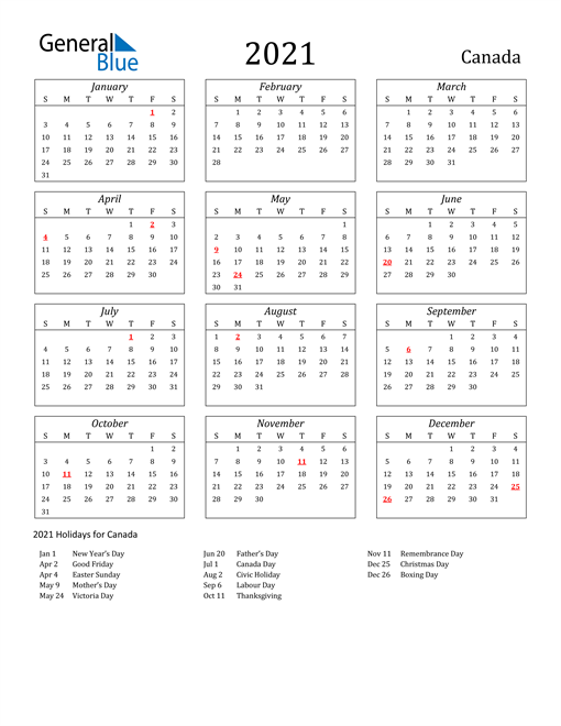 2021 Calendar - Canada with Holidays